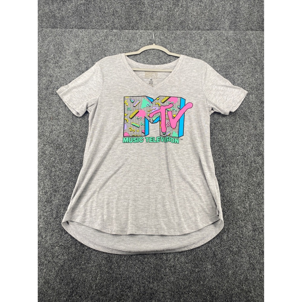 MTV Music Television Graphic T-Shirt Womens Medium Gray Retro V-Neck Logo Tee